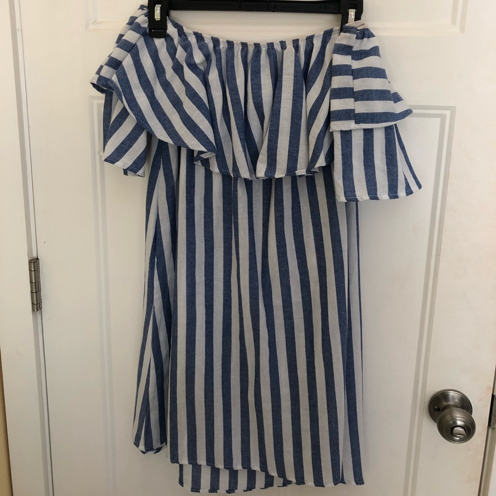 Off-the-Shoulder Blue & White Striped Dress